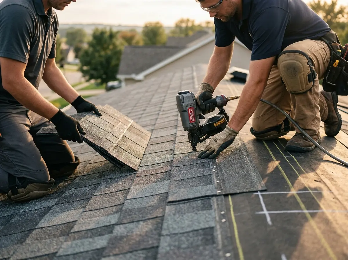 Professional roofer working on a residential roof in Mount Vista